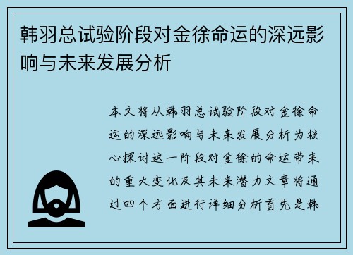 韩羽总试验阶段对金徐命运的深远影响与未来发展分析